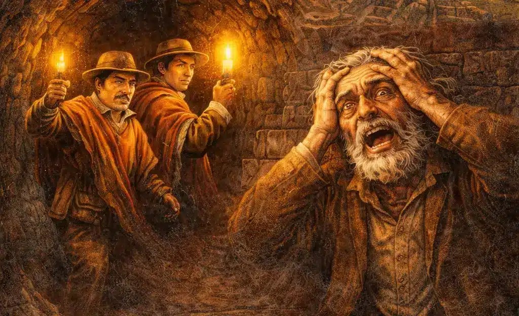 Andean explorers inside a forbidden underground tunnel