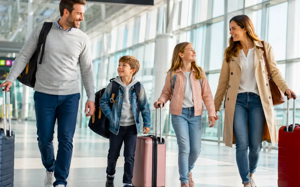Familia con maletas caminando por un aeropuerto moderno antes de iniciar un viaje a México.