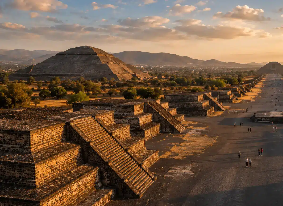 La imagen combina arquitectura antigua, montañas lejanas y un cielo cálido, creando una vista amplia e imponente de Teotihuacan.