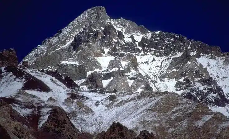 Aconcagua rising above the high Andes in Mendoza, Argentina, with snow on its upper slopes