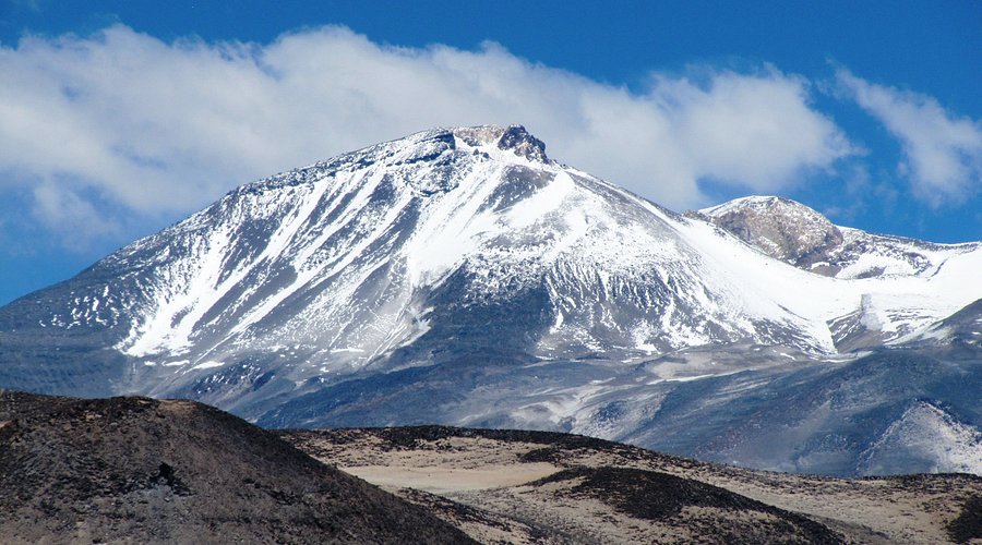 Snow-covered Ojos del Salado volcano in the high Atacama Andes between Chile and Argentina
