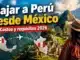 ¿Cuánto cuesta viajar a Perú desde México 2027? Requisitos, vuelos y presupuesto Viajar a Perú desde México en 2026, con Machu Picchu, mapa de ruta aérea, banderas y viajera mexicana observando la ciudadela.