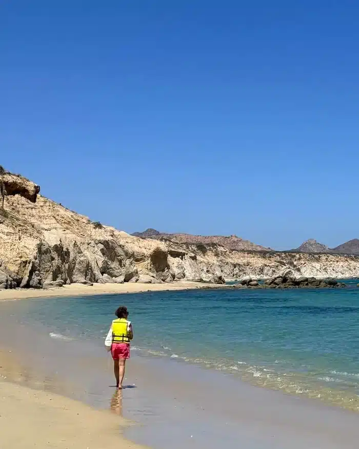 Costa soleada de Cabo Pulmo con mar azul y montañas áridas en Baja California Sur