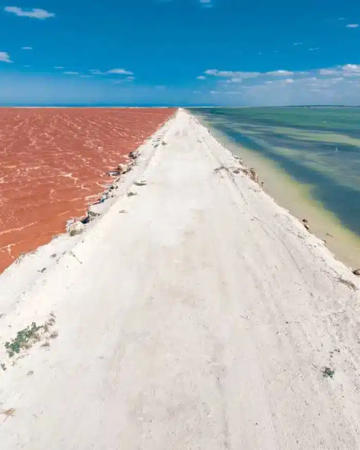 White causeway separating red salt ponds and green-blue coastal water in Yucatán - Natural Heritage