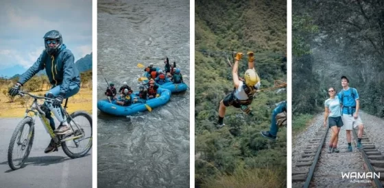 Viajeros de Waman Adventures realizando Ciclismo, Rafting, Trekking y Zip line en el Inca Jungle trek