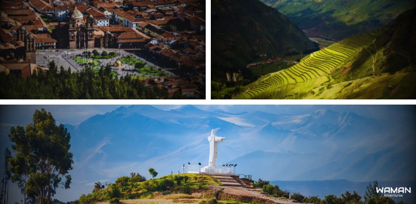 Vistas panorámicas de la ciudad de cusco, pisac y el cristo blanco