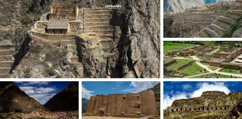 Collage de imagenes de las construcciones incas de Ollantaytambo.