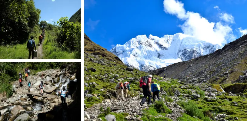 Vale la pena el Salkantay trek - Excursionistas en camino al abra Salkantay y en la selva alta de la ruta