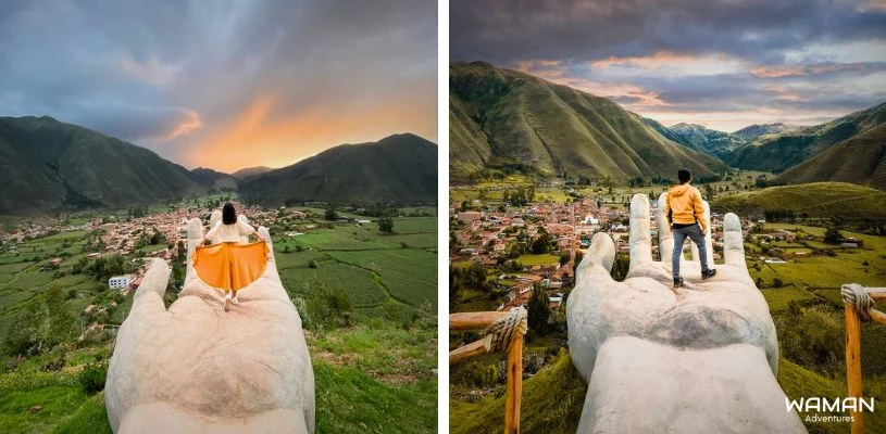 Mirador de cielo punku con una mujer posando en la plataforma en forma de mano.