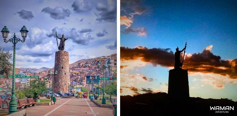 Mirador de Pachacútec con la estatua de Pachacútec al atardecer en Cusco.