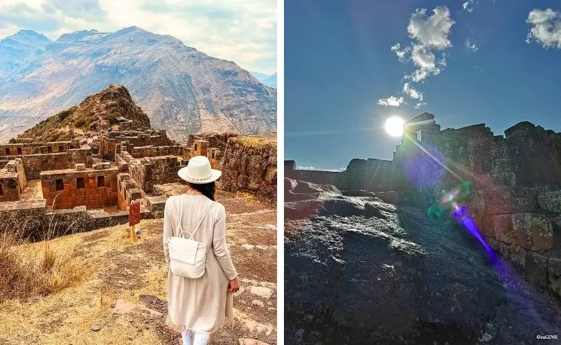 Una turista recorre el centro arqueológico de Pisac y tiene la oportunidad de observar la posición del sol según el antiguo reloj solar.
