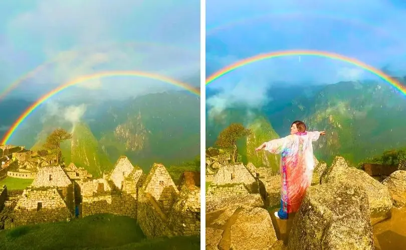 Tourists walking freely in Machu Picchu at the optimal hour, avoiding the crowds.