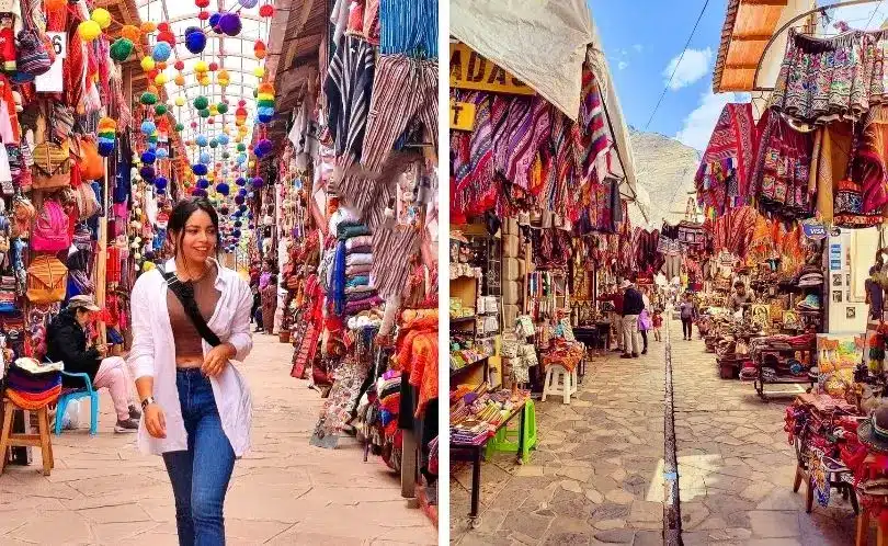 La turista explora el tradicional Mercado de Pisac, fascinada por su cultura.
