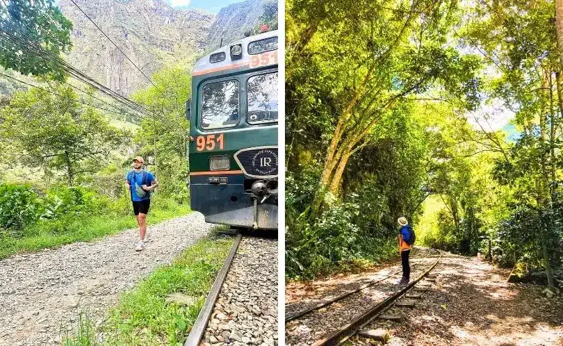 El visitante camina por el lado seguro de las vías del tren, disfrutando de la naturaleza y las montañas que lo rodean.