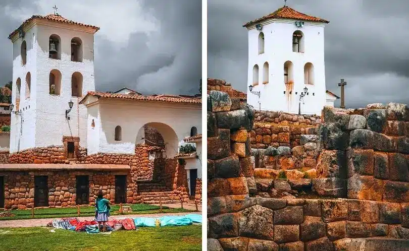 Una comerciante vendiendo sus productos frente a la iglesia colonial de Chinchero.