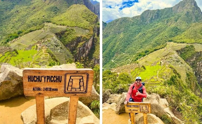 El viajero asciende a Huchuy Picchu y disfruta de un día soleado.