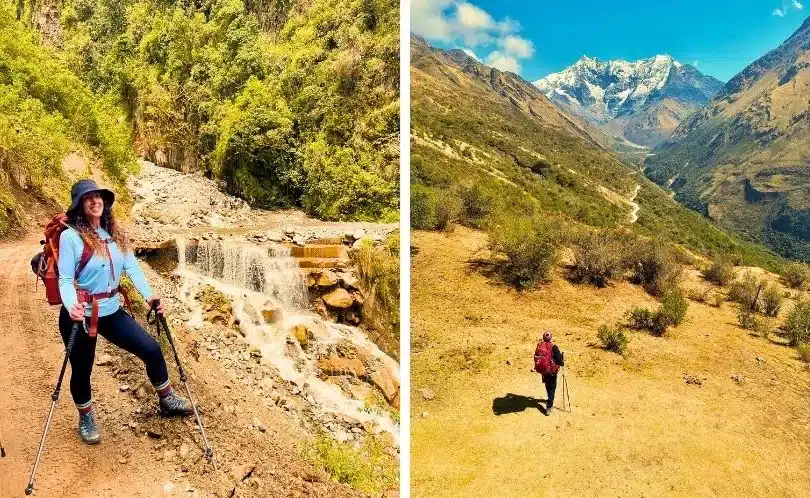 Traveler hiking along a mountain trail with panoramic views of the Andes near Machu Picchu, wearing outdoor gear under bright sunlight and clear skies.