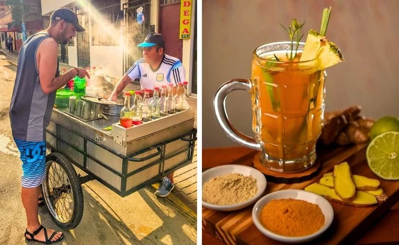 Traveler buying hot emoliente from a street vendor on a cold morning in Peru