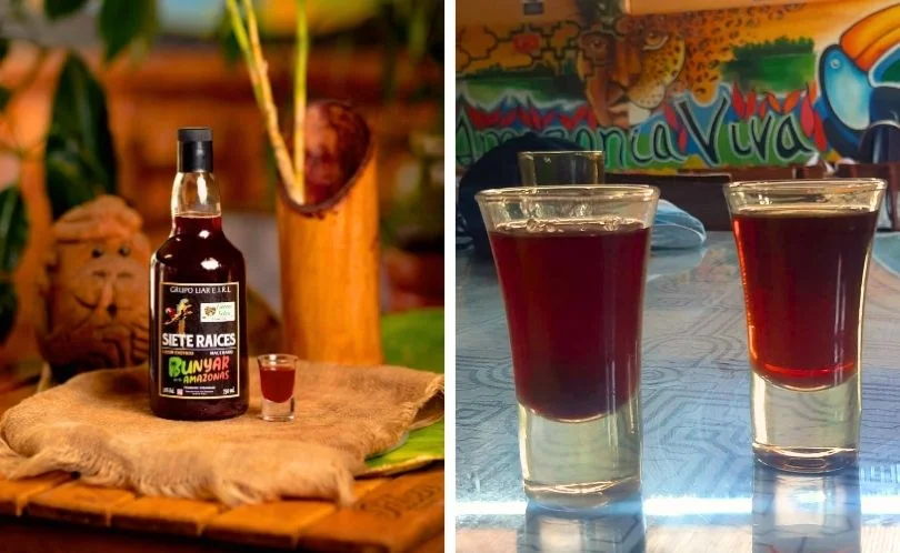 Glass of Siete Raíces Amazonian spirit made with macerated roots and bark