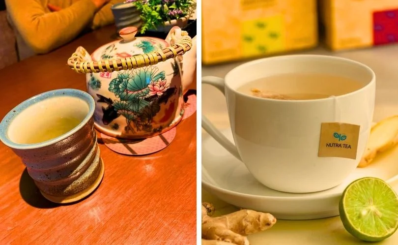 Steaming cup of ginger tea served on a wooden table