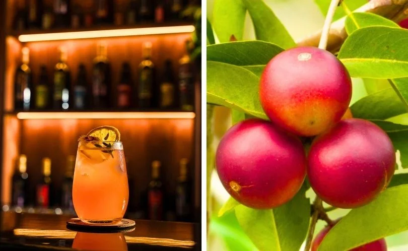 Fresh reddish camu camu fruits beside a glass of Amazonian fruit juice