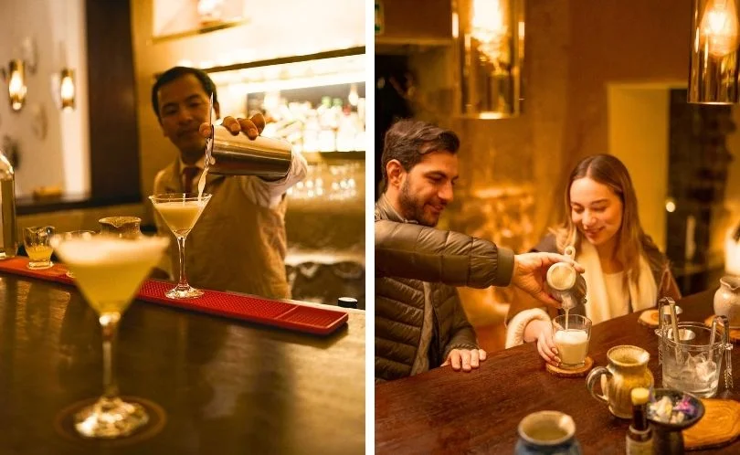 Bartender serving a foamy Pisco Sour with Angostura bitters in Peru