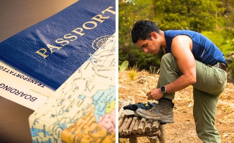 El turista se ajusta los zapatos para tener una caminata más cómoda.