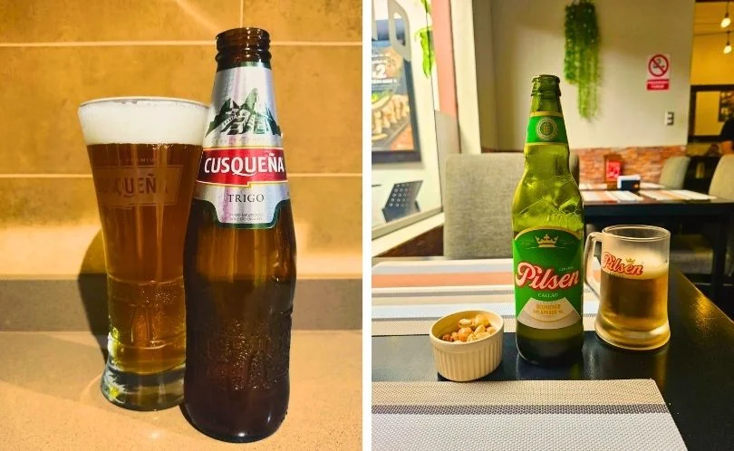 Bottles of Peruvian beers including Cusqueña and Pilsen served on a table