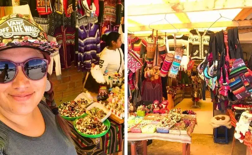 Local woman selling handmade souvenirs in Uyuni, surrounded by salt sculptures, textiles, and crafts made from local materials in the town’s market.