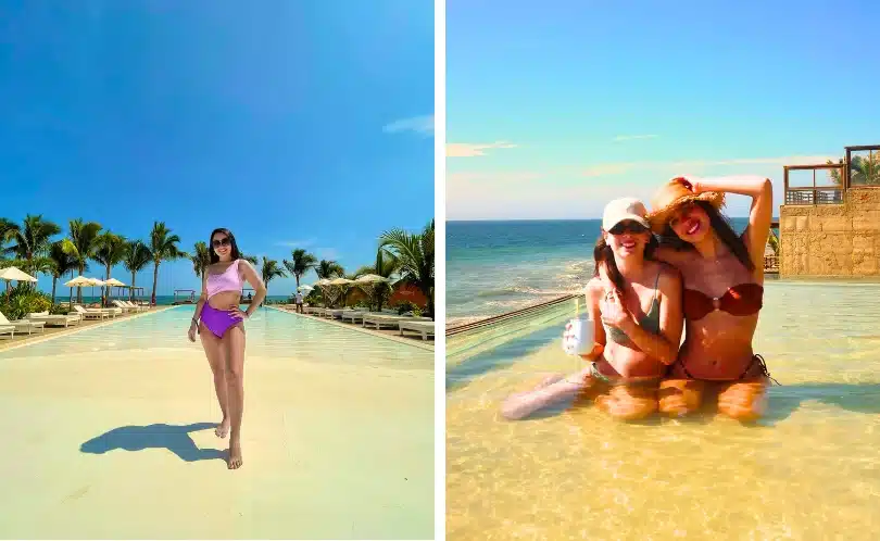 Tropical Máncora scene with golden sand, warm turquoise sea, swaying palms, and small boats; sunny weather ideal for swimming on Peru’s northern coast.