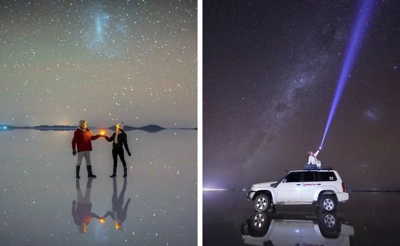 Two travelers walking hand in hand on the Uyuni Salt Flat during the rainy season, surrounded by calm reflections, moonlight, and clear Andean night sky.