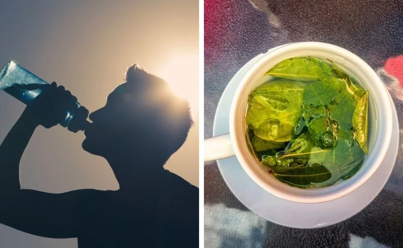A traveler drinking coca tea outdoors with Andean hills in the background, wearing warm clothing, using traditional methods to relieve altitude sickness at Uyuni Salt Flats.