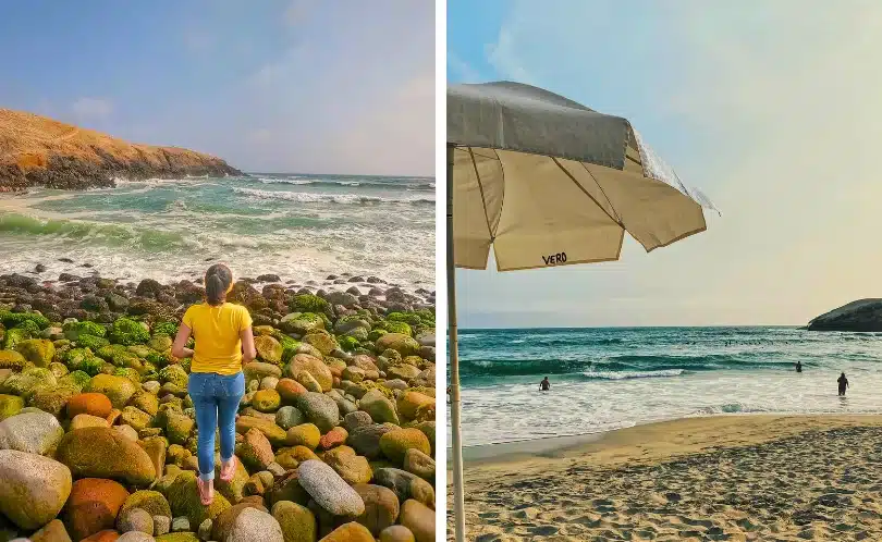 Tourists relax under beach umbrellas by the calm blue sea in Punta Hermosa, Peru, surrounded by golden sand, clear skies, and gentle ocean waves during a sunny day.