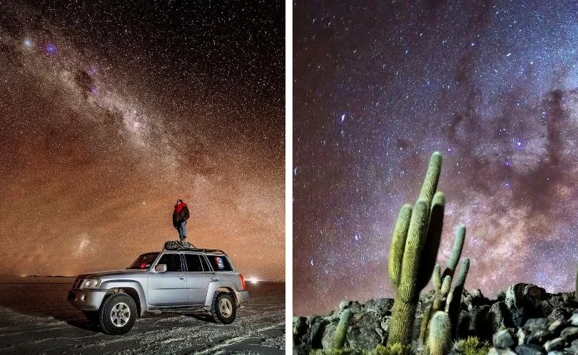 Group of travelers standing beside a 4x4 vehicle under the Milky Way at the Uyuni Salt Flat, reflected on the wet surface with perfect mirror effect.