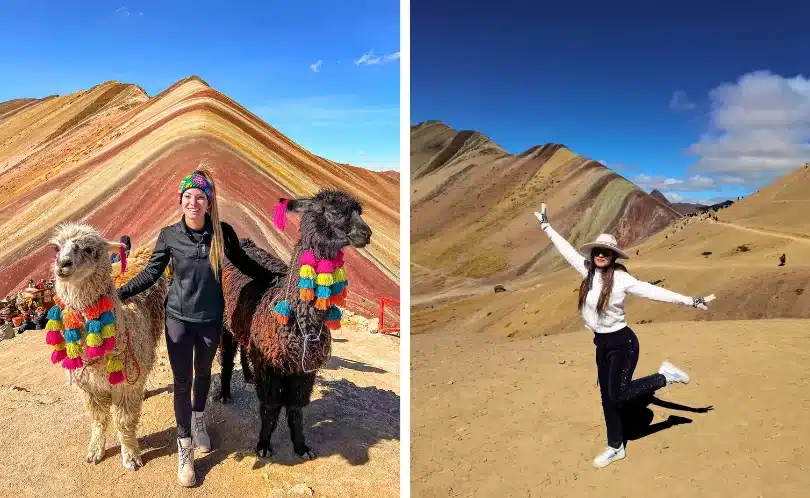 Tourists hiking along Rainbow Mountain in Cusco, surrounded by colorful mineral layers of red, yellow, and green under clear blue Andean skies at 16,400 feet.