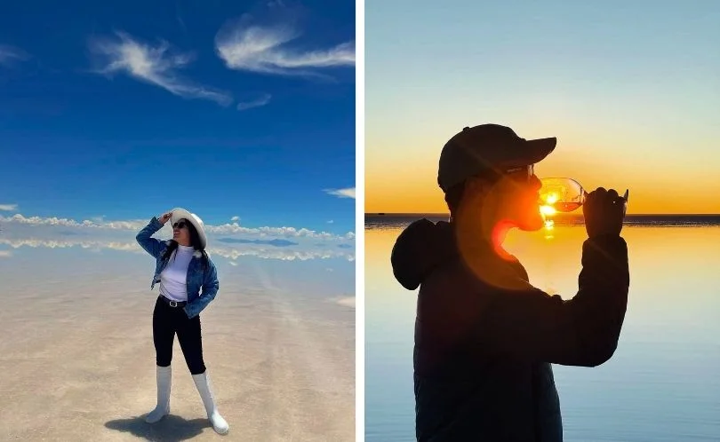 Traveler walking across the Uyuni Salt Flat during sunset, reflected in the mirror-like surface with orange light and distant mountains in the background.