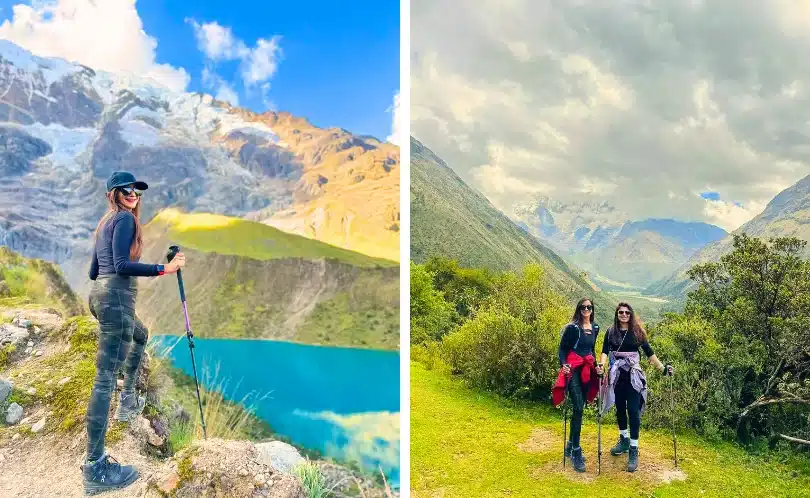 Hikers on the Salkantay Trek near Cusco, surrounded by turquoise Humantay Lake, snow-capped mountains, and bright Andean sunlight reflecting on the water.