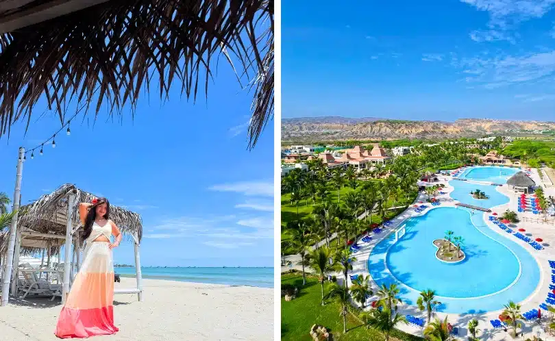Female traveler in swimsuit stands by palm trees facing calm water; bright sun, clear sky, gentle surf, and soft sand typical of northern beaches in Peru.