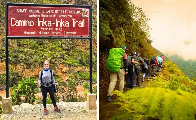 Viajera con mochila de pie en el punto de partida del Camino Inca, cerca de Piscacucho, rodeada de colinas andinas, vegetación y un cielo despejado al amanecer.