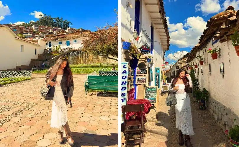 Female traveler walking through the colorful streets of San Blas in Cusco, surrounded by colonial houses, stone steps, and bright blue balconies under the Andean sun.