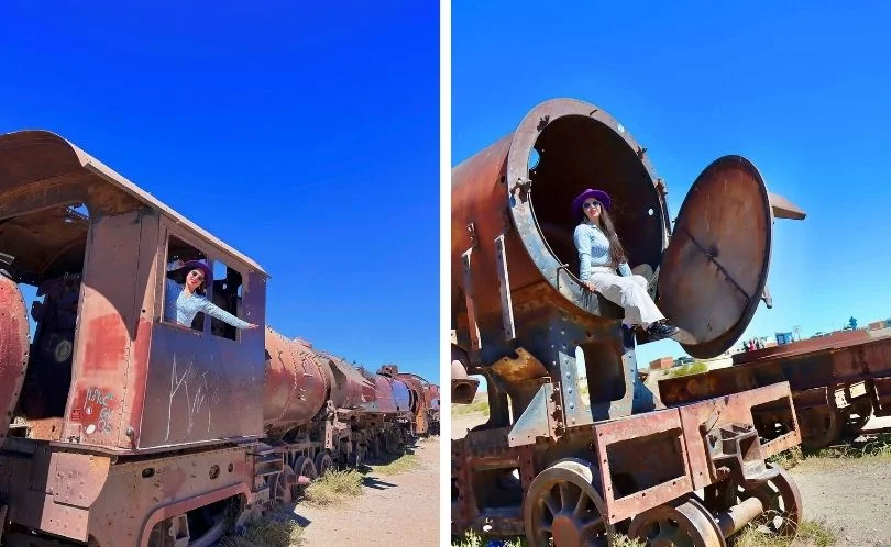 La viajera disfruta de un día soleado en el Cementerio de Trenes.