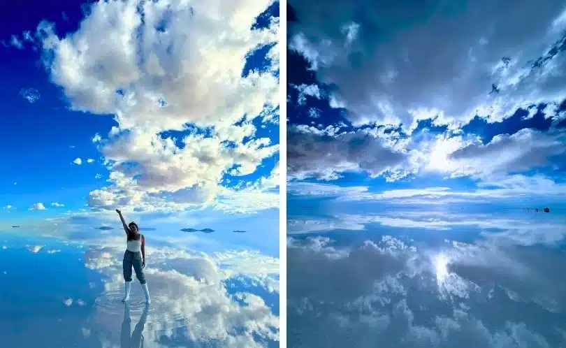 La viajera se toma una foto durante la temporada de lluvias en Uyuni.