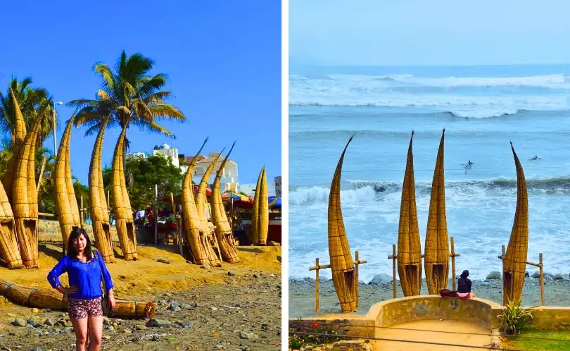 Tradicional caballitos de totora on the beach on Huanchaco. Peru, made from totora reeds, with fishermen preparing them beside the Pacific Ocean under a clear sunny sky.