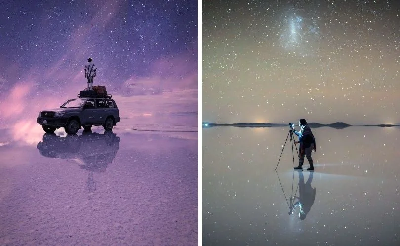 4x4 vehicles driving through the Uyuni Salt Flat at night, their lights reflecting on the water surface beneath a vast, clear Andean sky filled with stars.