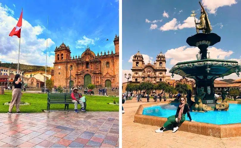 Tourists sitting around Cusco’s Plaza de Armas at sunset, surrounded by colonial arcades, cathedrals, and Andean mountains glowing under the golden light.