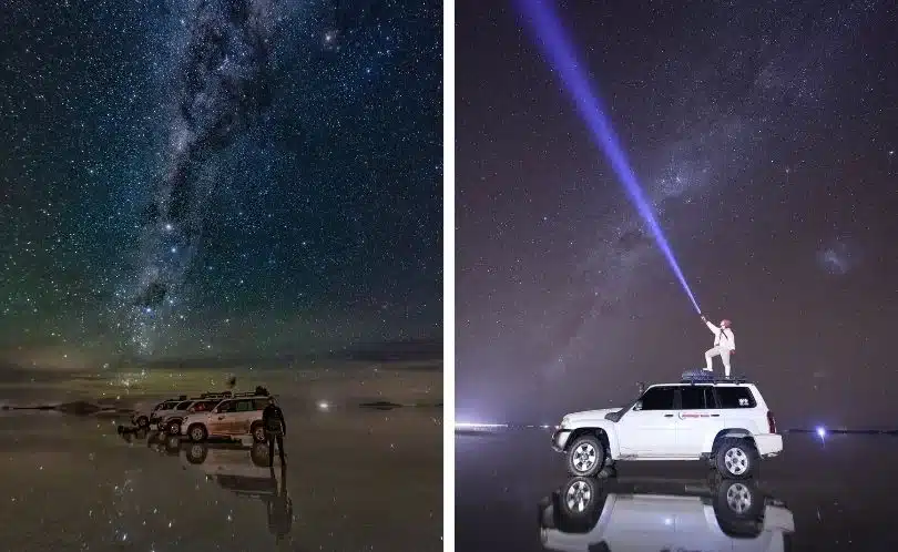Traveler looking at the Milky Way over the Uyuni Salt Flats at night, with stars reflecting faintly on the salt crust under the clear Andean sky.