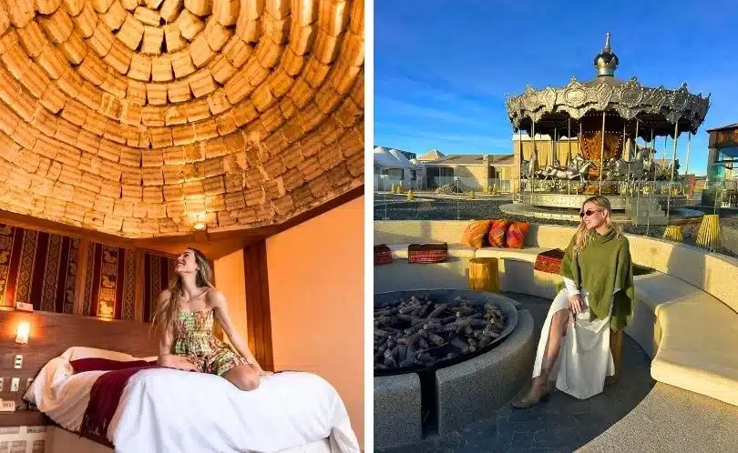 Interior of a salt hotel room in Uyuni with white salt walls, rustic furniture, colorful Andean textiles, and warm natural lighting creating a cozy space for guests.