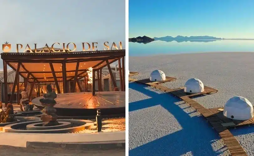Several salt hotels along the edge of Uyuni Salt Flats, with panoramic views of the white desert and tourists exploring under bright sunlight in Bolivia.