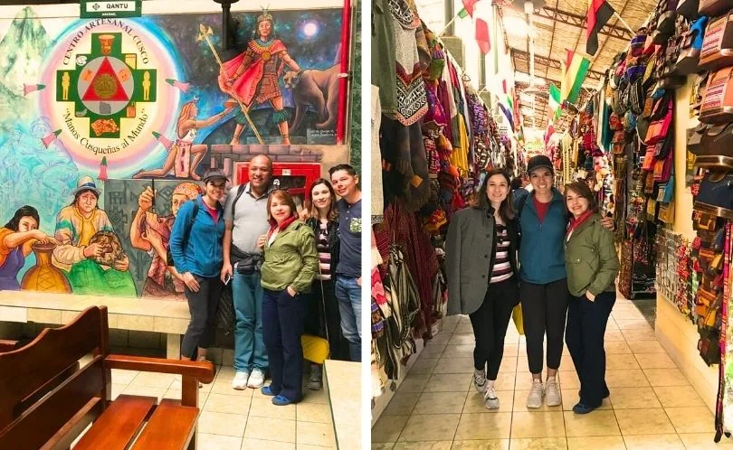 Tourists exploring the Handicraft Center Cusco on Av. El Sol, with multiple stalls displaying textiles, silver jewelry, alpaca scarves, and ceramics close to the Plaza de Armas.