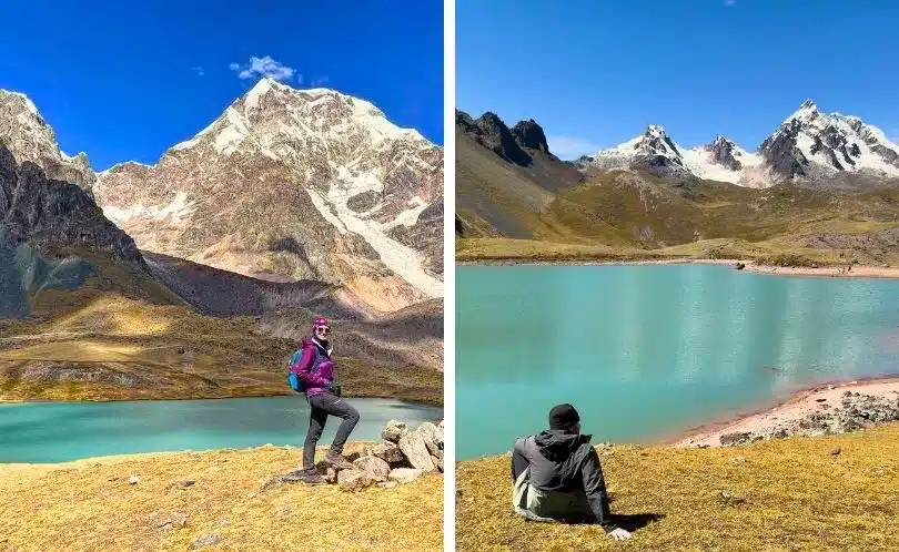 Hikers walking the Ausangate Trek near Cusco at high altitude, snow-capped mountains, turquoise lakes, and Andean llamas under clear skies.